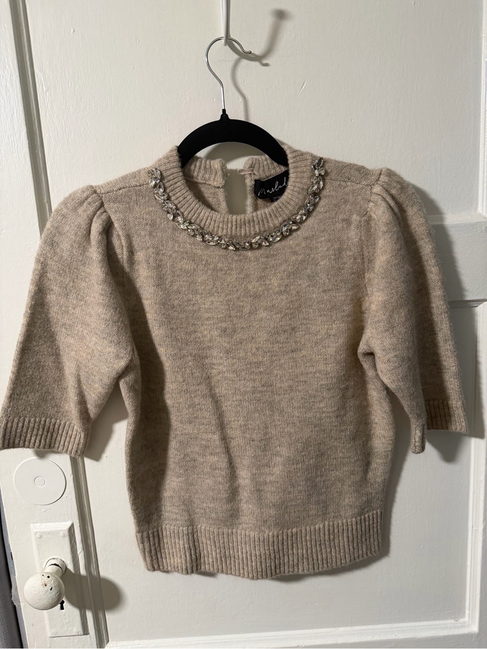 Marled Heather Oatmeal Rhinestone-Embellished Crew Neck Sweater Puff Sleeve XS